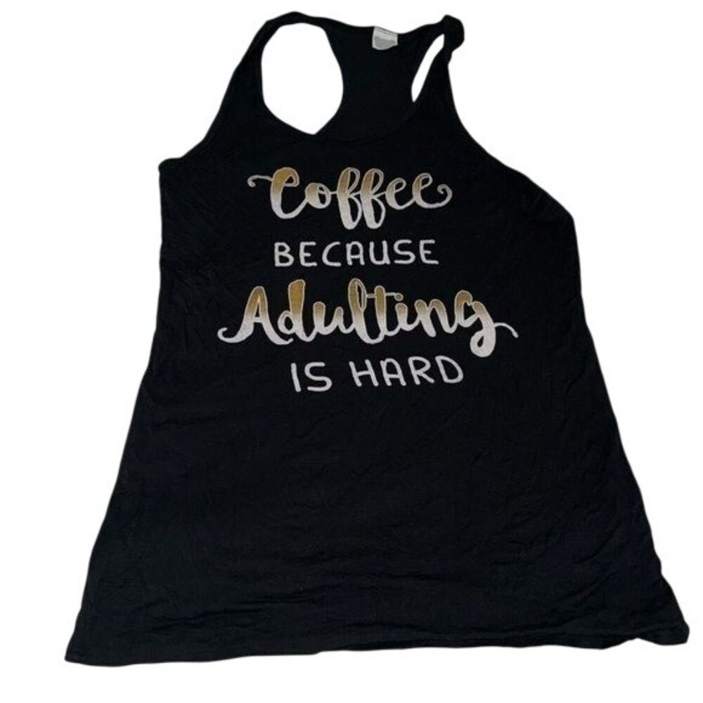 Color Bear Womens Black Racerback Tank Top "Coffee Because Adulting Is Hard" Gra
